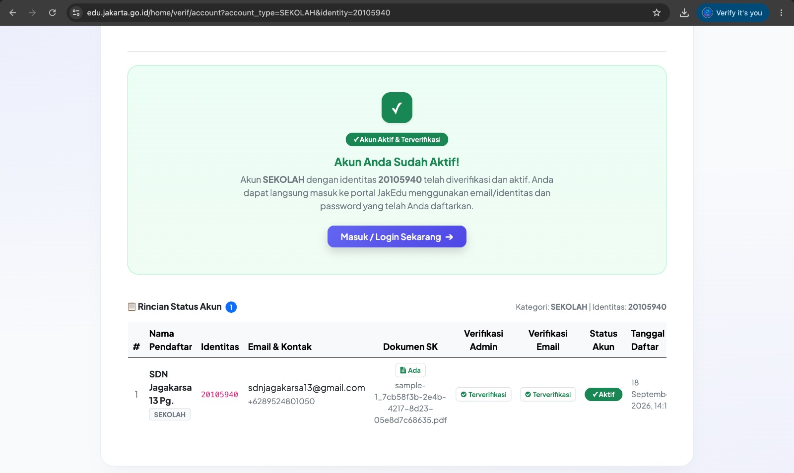 Hasil akun aktif dan terverifikasi