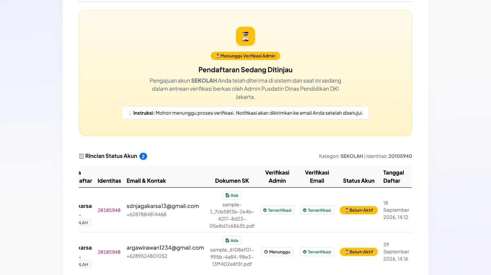 Hasil pendaftaran sedang ditinjau admin