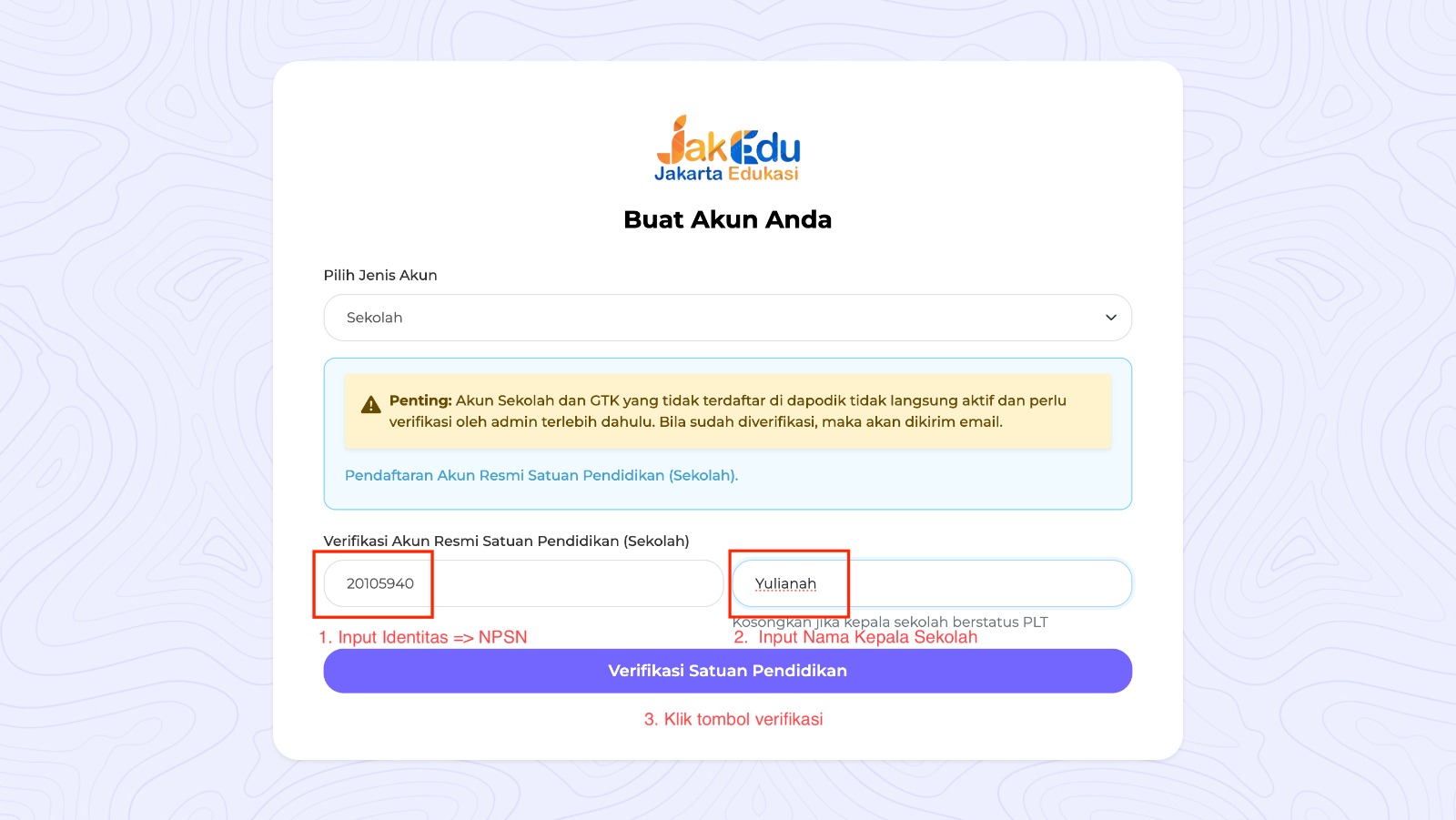 Verifikasi ketersediaan akun dengan identitas resmi