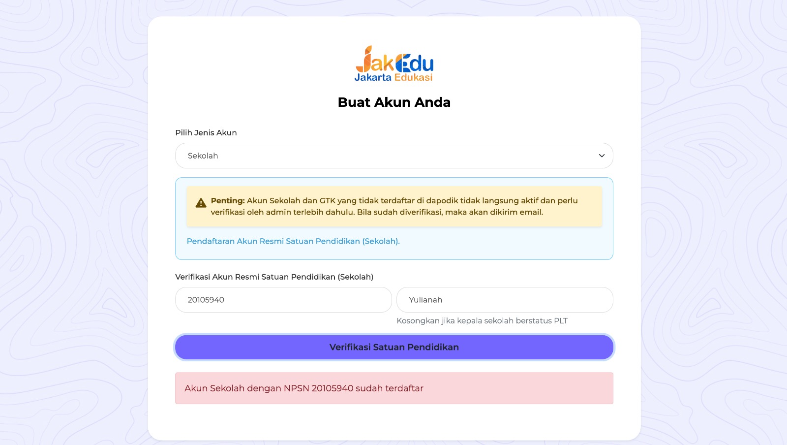 Pemberitahuan akun sudah terdaftar