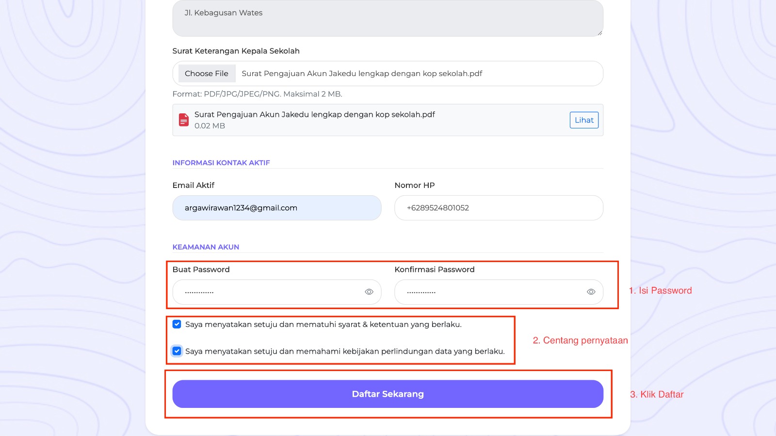 Buat password dan submit pendaftaran