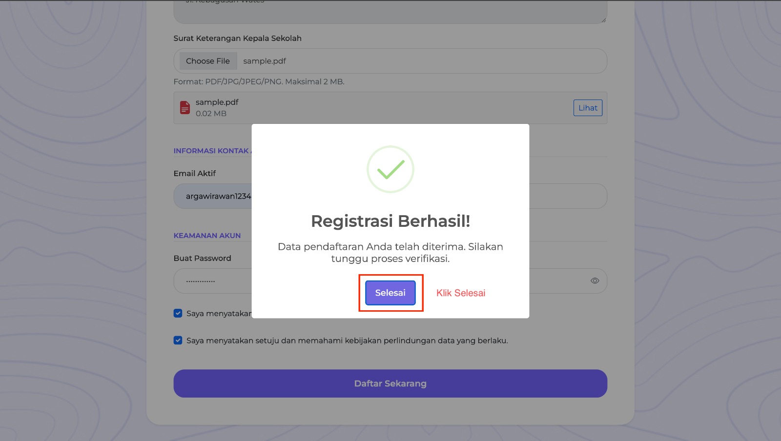 Pendaftaran berhasil dikirim